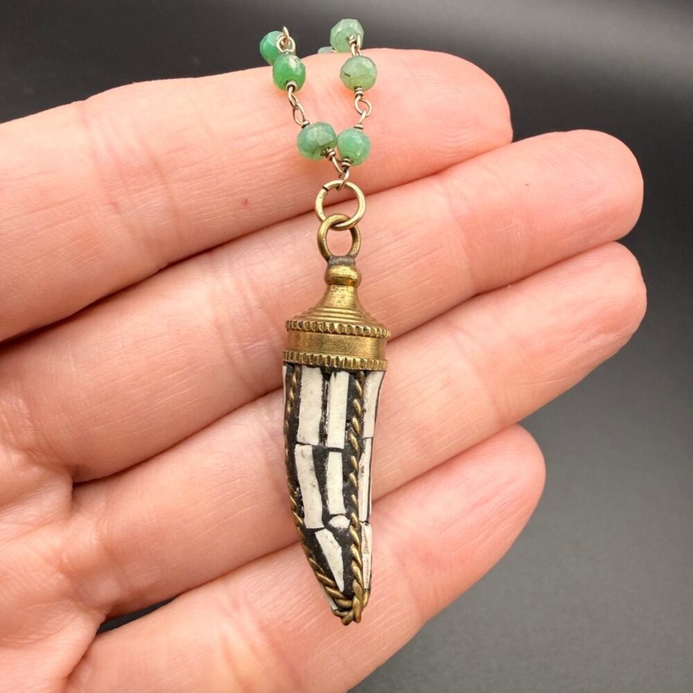 Vintage Tibetan Style Horn Pendant Necklace Green Stone bead Chain 14K GF 21"